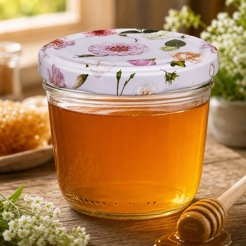 230 ml væltet glas + BasicSeal låg Blume rosa UNiTWIST Honning i 230 ml krukke med BasicSeal-låg lyserøde blomster honningkrukke biavl naturlig dekoration træske