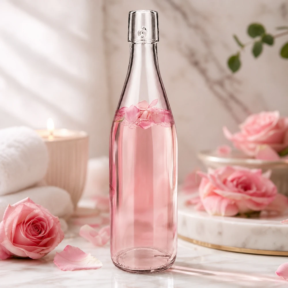 500 ml glasflaske uden skruelåg UNiTWIST 500ml UNiTWIST Glasflasche mit Rosenwasser in romantischer Dekoration mit rosa Rosen und elegantem Ambiente