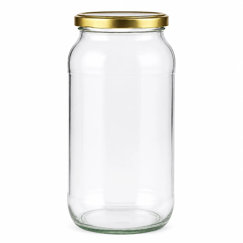 1062 ml rund krukke med BasicSeal-låg guld UNiTWIST Tom 1062 ml rund krukke med guld BasicSeal UNiTWIST-skruelåg til konservering og opbevaring