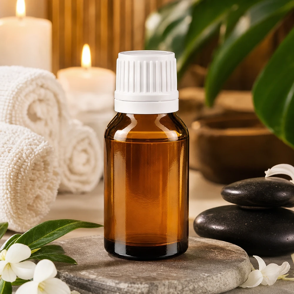 Apoteksflaske brun 30 ml skruelåg hvid OV 30 ml brun glasflaske med hvid skruelåg på en natursten blandt massagesten og stearinlys