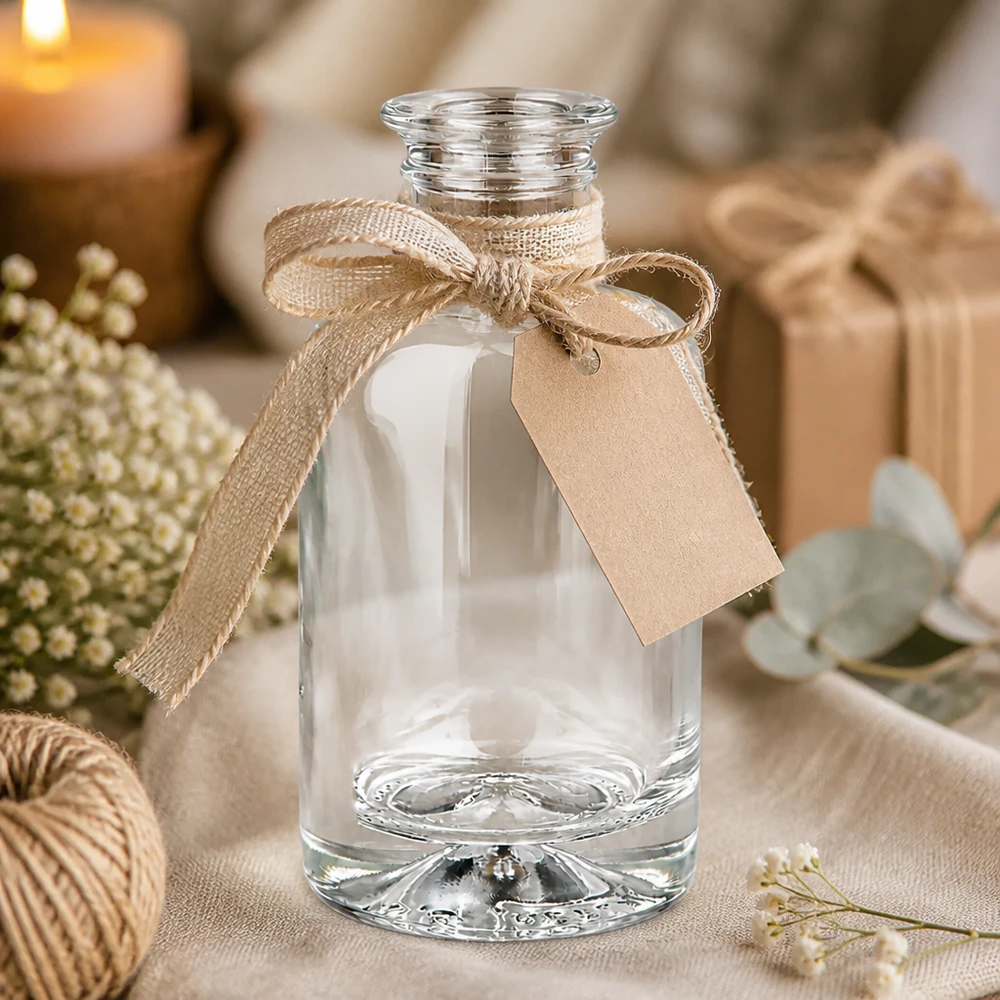 100 ml apoteksflaske »Sofia« uden lukning UNiTWIST® 100ml Glasflasche Sofia als Geschenkidee mit Juteschleife und Anhänger in gemütlicher Deko-Atmosphäre mit Kerzen