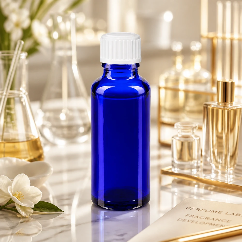 30 ml apotekerflaske i koboltblå med hvid standardprop i parfume-laboratoriet