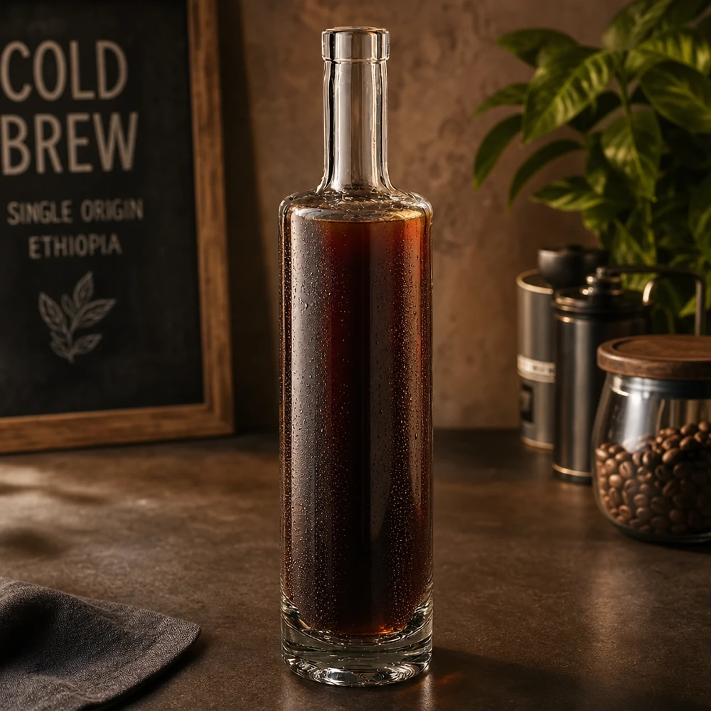 500 ml glasflaske »Lina« uden låg UNiTWIST® 500 ml glasflaske Lina fyldt med koldbrygget kaffe i en stilfuld kaffebar-atmosfære med kaffebønner og vintage-deodorant.