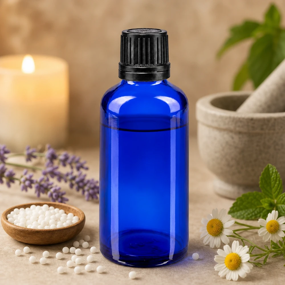 Blå 50 ml dråbeflaske med 1 mm præcisionsdråbeindsats ved siden af kamilleblomster og morter