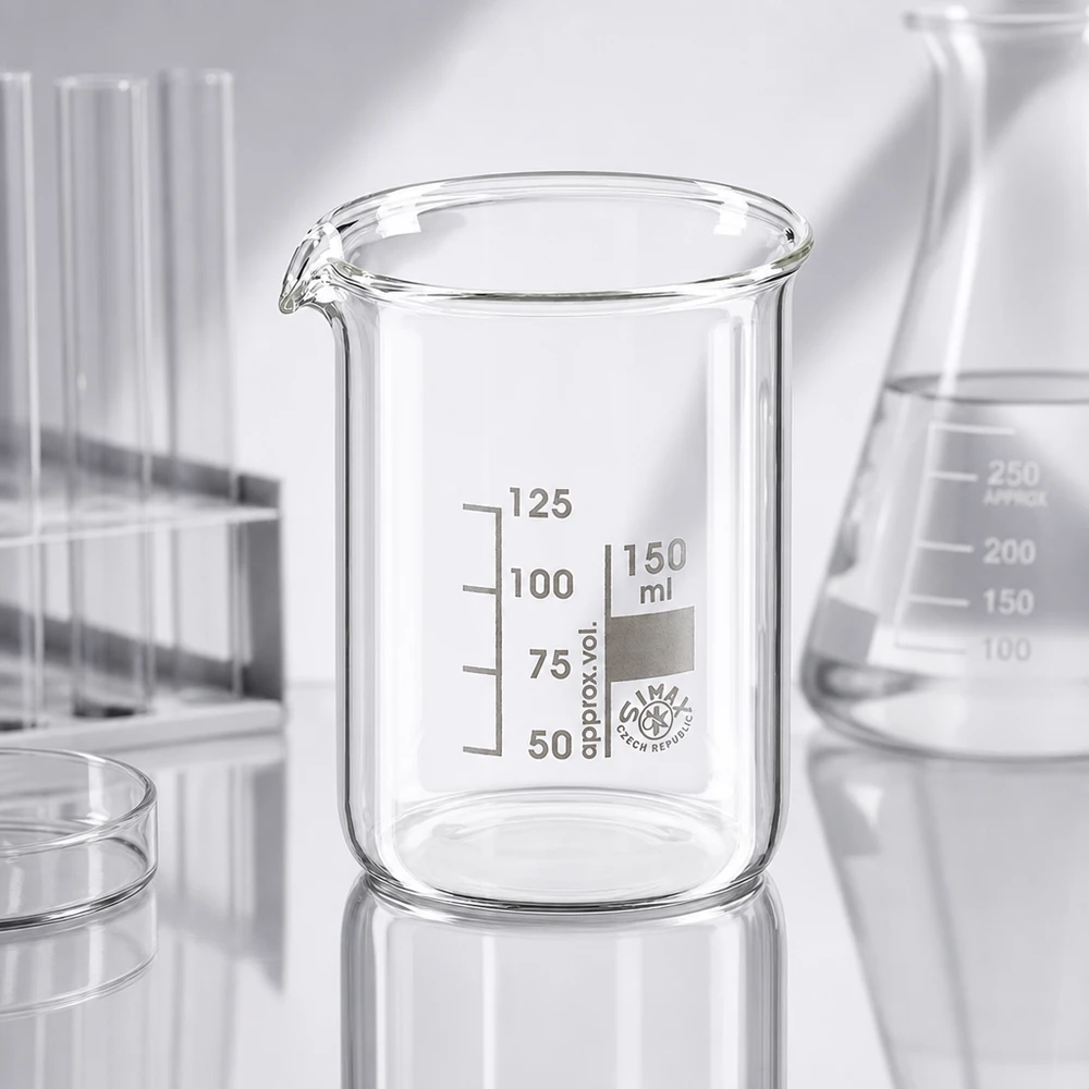 Bægerglas 150 ml borosilikatglas, lav form Transparent borosilikatglasbæger 150 ml med praktisk tud til nem dekantering