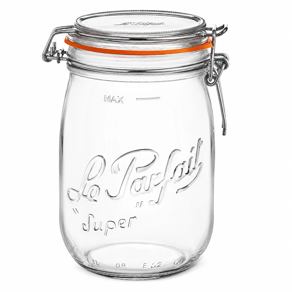 Le Parfait® glas 1 L Ø85 mm opbevaring Le Parfait Super opbevaringskrukke 1000 ml med svingtop og orange tætningsring af klart glas