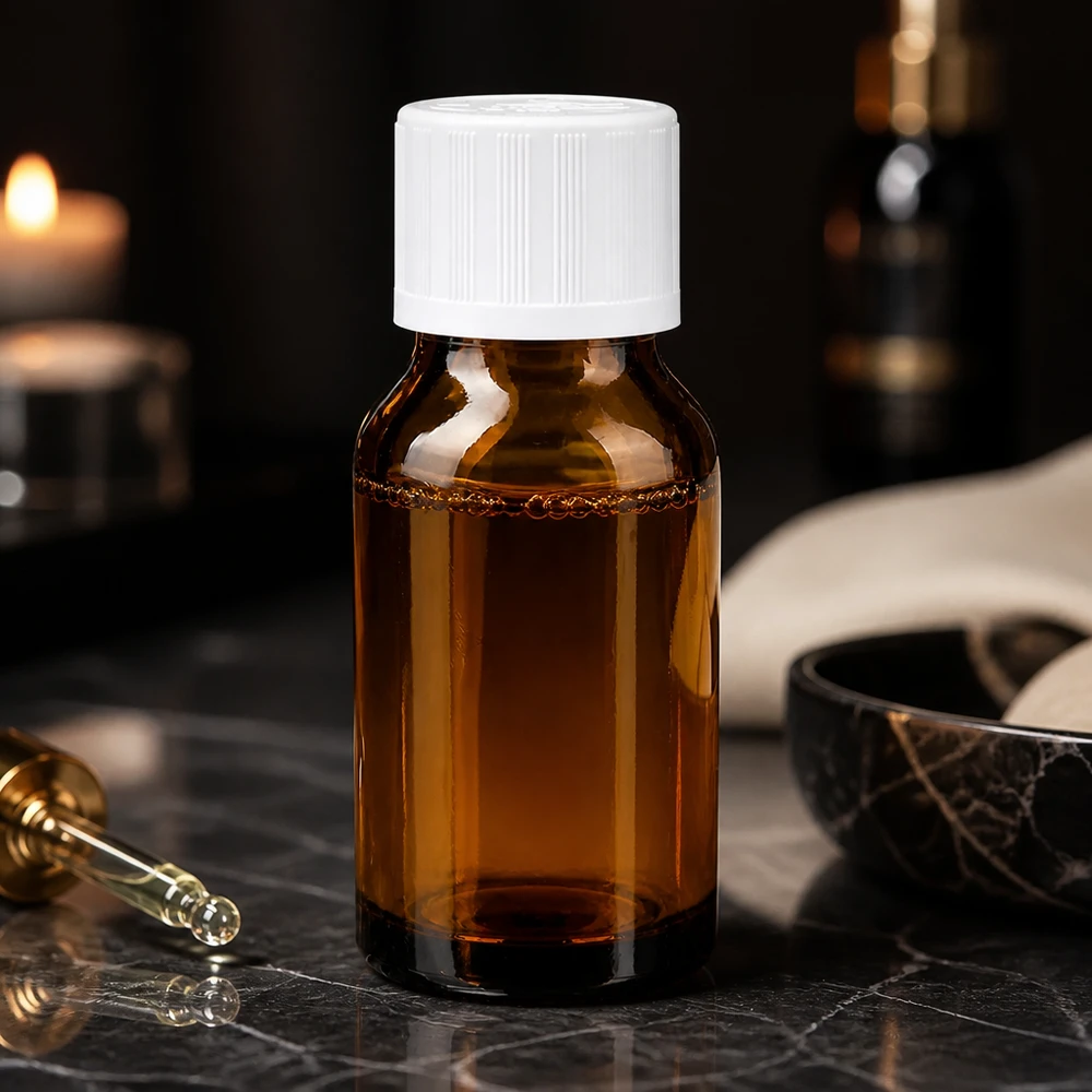 Ravfarvet glasflaske på 30 ml med hvid skruelåg og glasdråbetæller på mørk marmor
