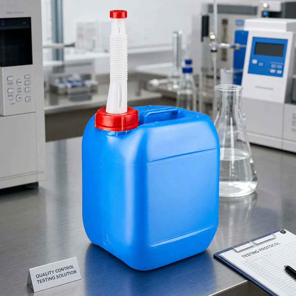 5 liters blå dunk med fleksibelt udløbsrør Robust kvalitetskontrolbeholder på 5 liter, blå, med fleksibelt udløbsrør til professionelt laboratoriemiljø