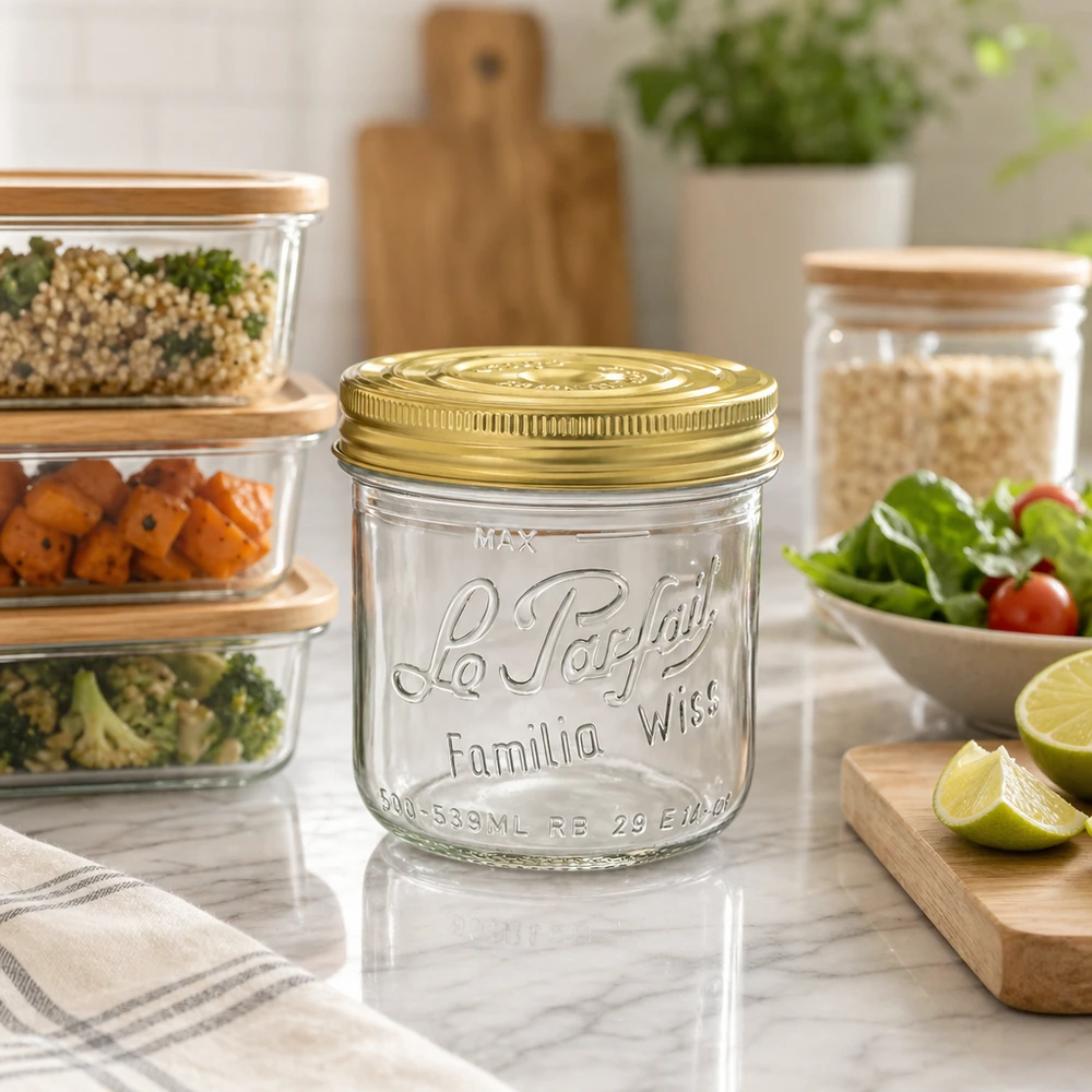 Le Parfait® Familia Wiss 500 g Ø100 mm glas 539 ml Familia Wiss-bægre med guldlåg på køkkenbordet ved siden af opbevaringsglas og friske fødevarer
