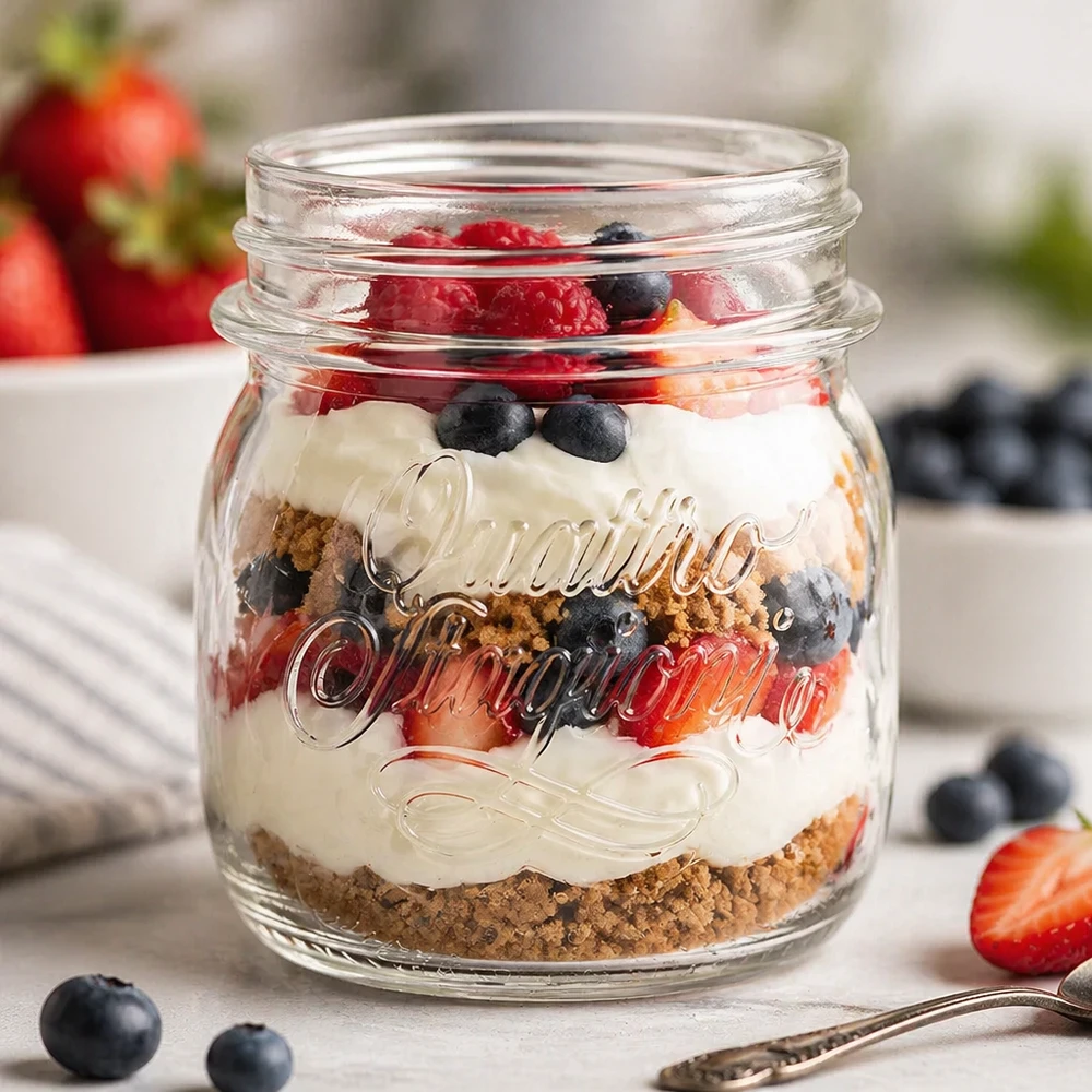 250 ml husholdningsglas "Quattro Stagioni" Quattro Stagioni 250 ml krukke med lagdelt dessert af kiksebund, creme og bær som en husholdningskrukke til opbevaring