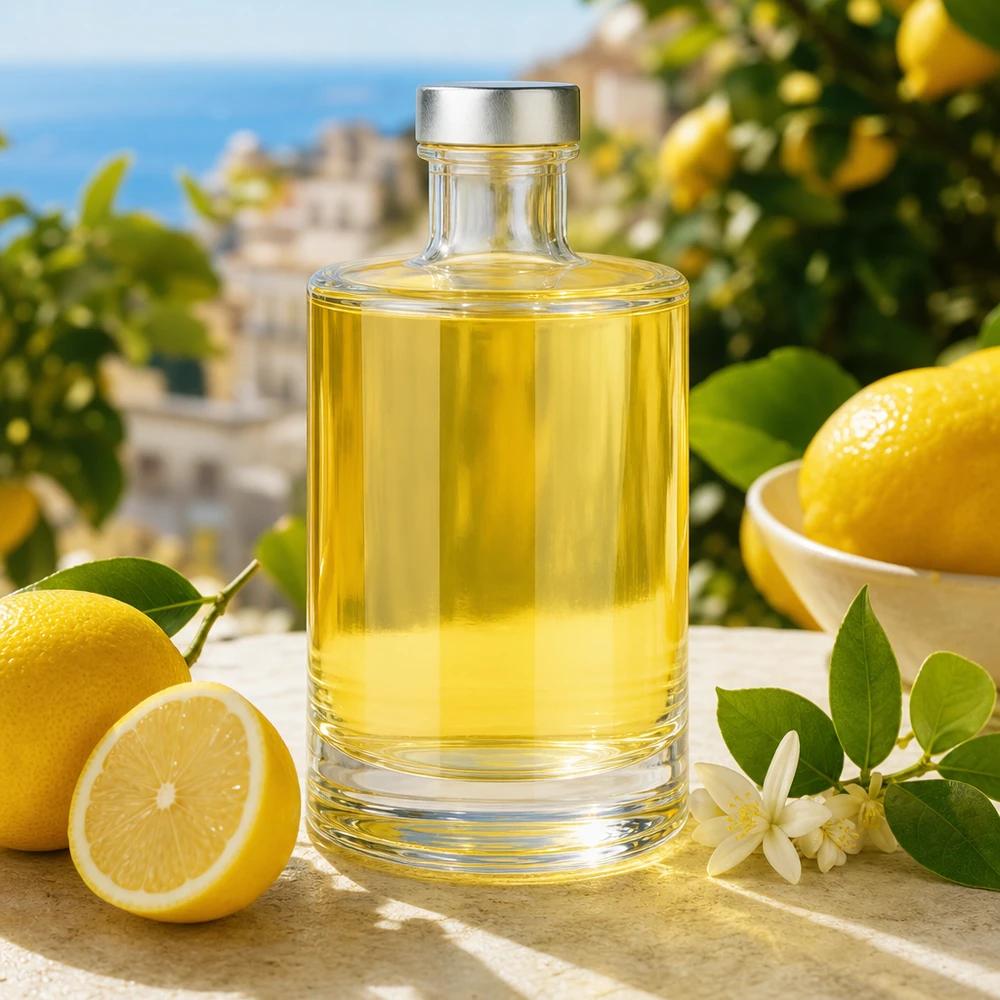 375 ml glasflaske »Sam« og skruelåg sølv UNiTWIST® 375ml Glasflasche Sam mit Zitruslikör gefüllt - mediterrane Szenerie mit frischen Zitronen und silbernem Verschluss