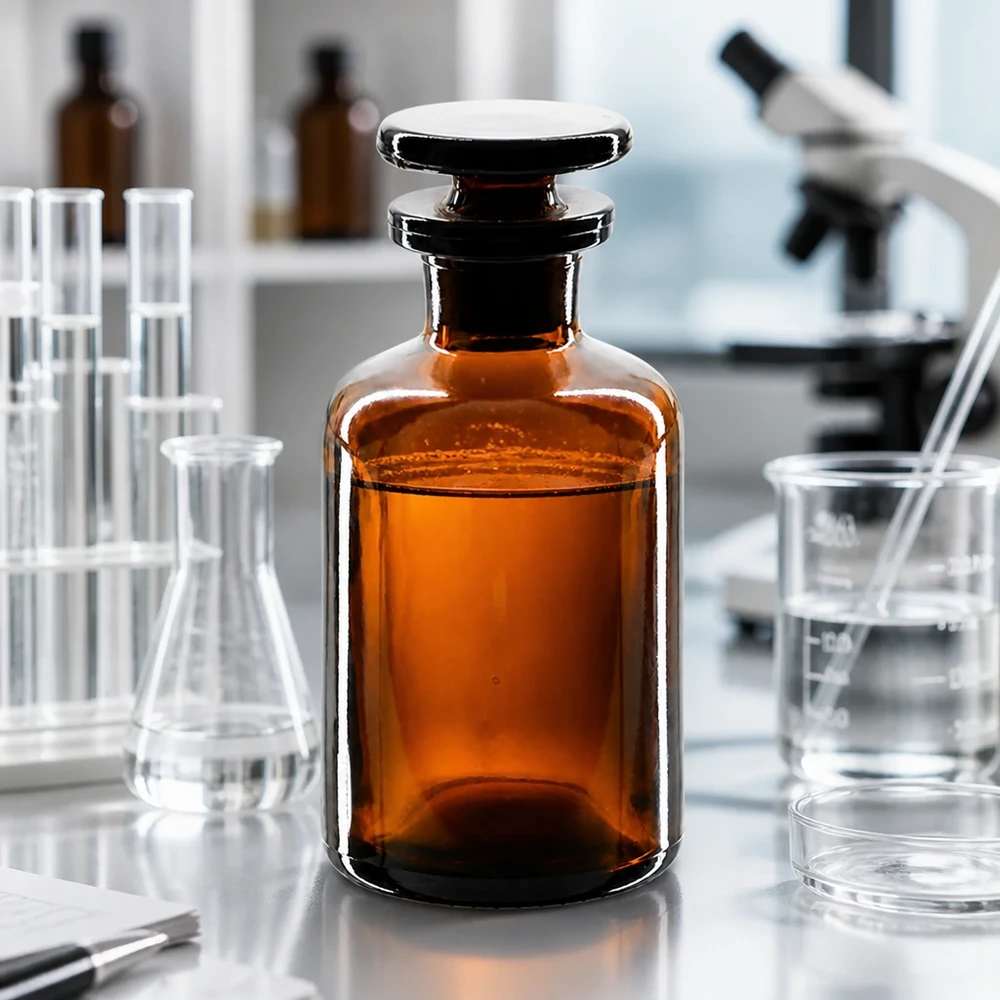 Rund skulderflaske 50 ml brun glasprop med smal hals Rundskulderflaske af brunt glas, 50 ml, med smal hals og glasprop til kemikalier i laboratoriet