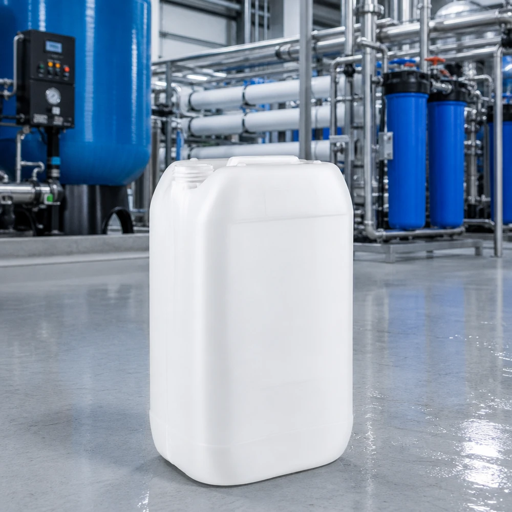 Stabelbar 15-liters dunk uden låg, fremstillet af robust plast, til industriel vandbehandling