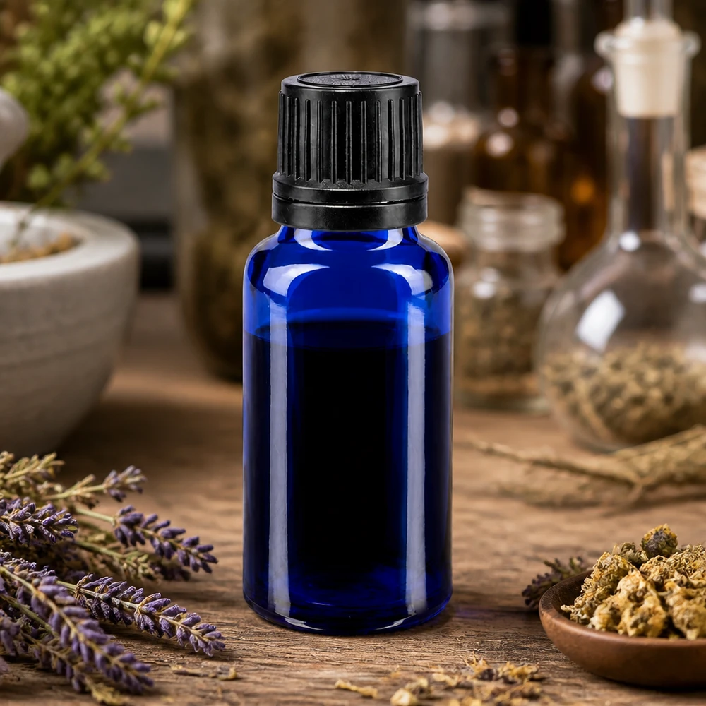Apoteksflaske blå 20ml dryp v. Pr. 1mm sort OV 20 ml ApoGlas-dråbeflaske i blåt med sort låg på et træbord med lavendel og urter