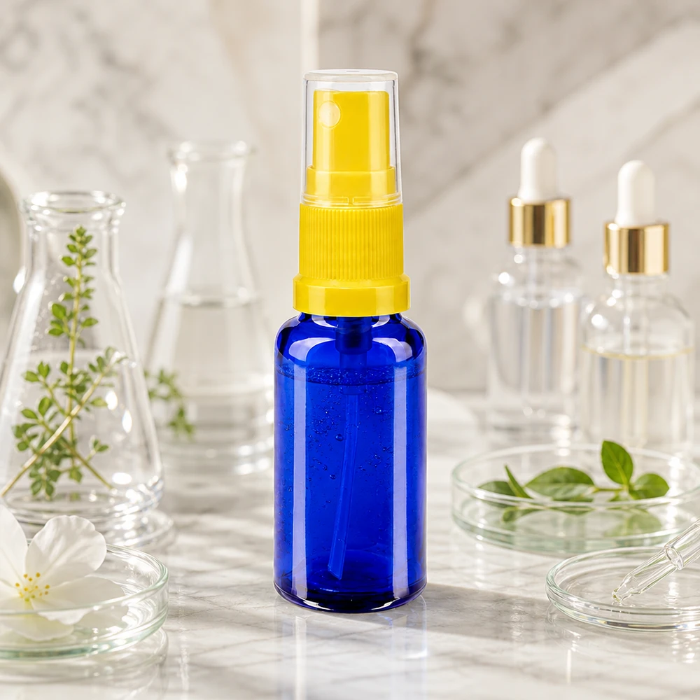 Kompakt sprayflaske, 20 ml, blå, STD, med gul pumpespray til kosmetik og farmaci