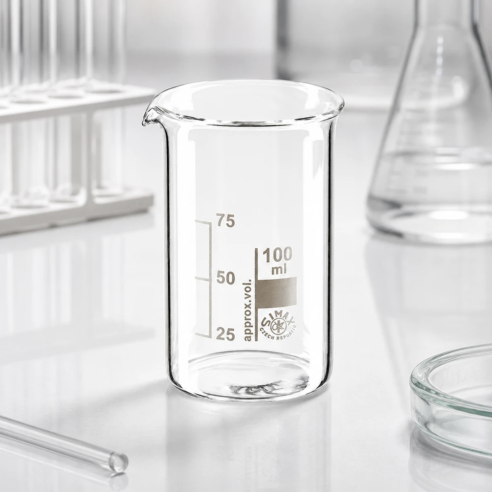 Bægerglas 100 ml borosilikatglas, høj form Tom målebæger, 100 ml, høj model, af borosilikatglas med indpræget måleskala fra 25 til 75 ml