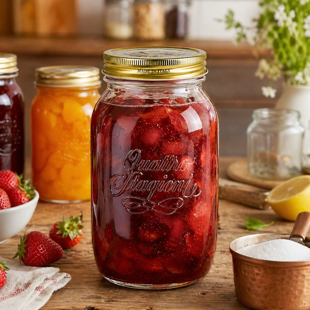1500 ml rundt glas "Quattro Stagioni" med låg Quattro Stagioni 1500 ml syltetøjsglas fyldt med jordbærmarmelade Køkkenscene Italiensk syltetøjsglas med jordbærmarmelade