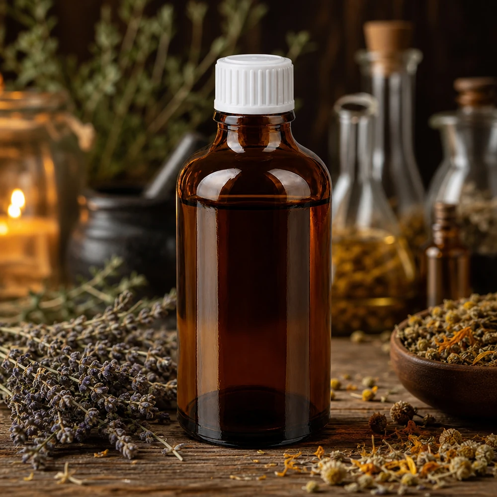 Apoteksflaske brun 50ml skruelåg hvid pc Lille brun glasflaske på 50 ml med hvidt låg, omgivet af tørrede urter og kamilleblomster