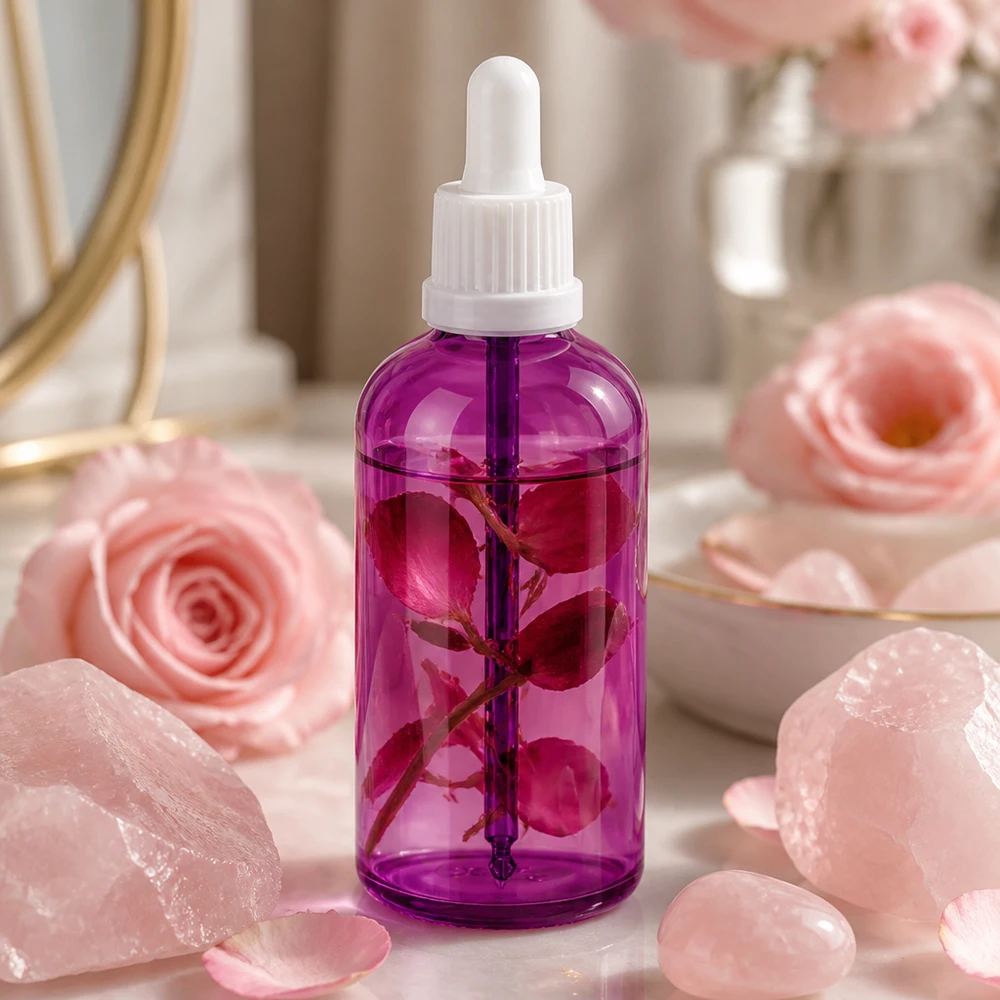 100 ml pipetteflaske hvid Originality skruelåg PurpleLine UT18/100 100 ml kosmetikflaske med pipette i violet til ansigtsserum og hudplejeolier