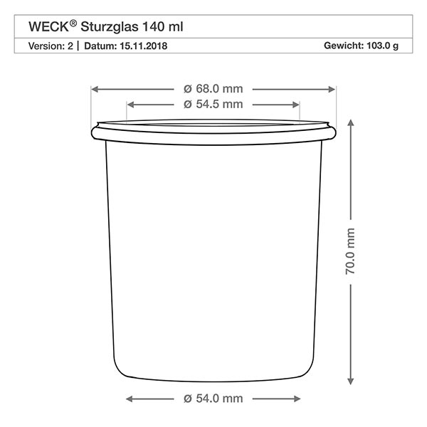 140 ml krukke med friskhedslåg WECK RR60 Teknisk tegning WECK 140 ml RR60-bægre med mål og specifikationer for kuglelåg af bøgetræ
