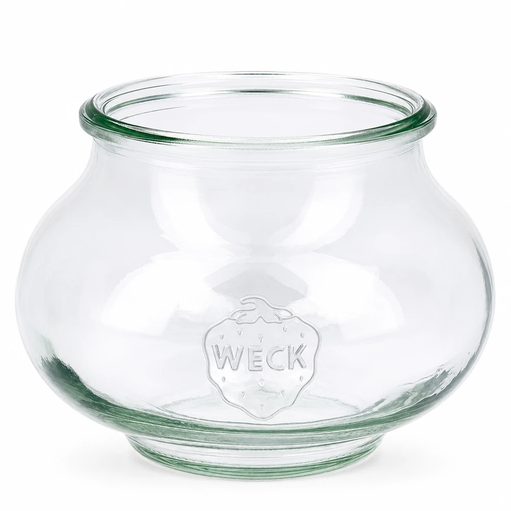 560 ml WECK RR80-glas med låg WECK smykkekrukke 560 ml RR80 i klart glas med præget logo og bred åbning til konservering og opbevaring