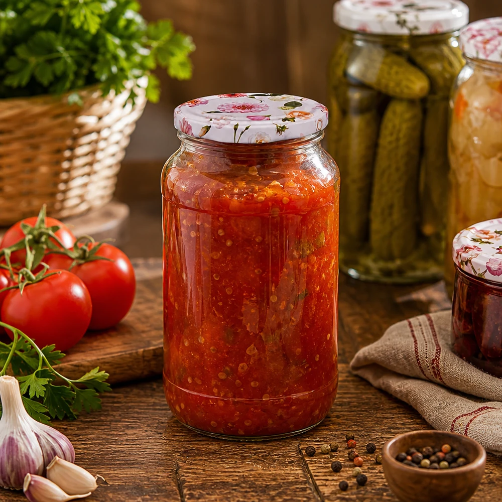 1062 ml rund krukke + BasicSeal låg, lyserød UNiTWIST Konservesglas 1062 ml fyldt med tomatsauce viser praktisk brug af det lyserøde blomsterlåg i køkkenet