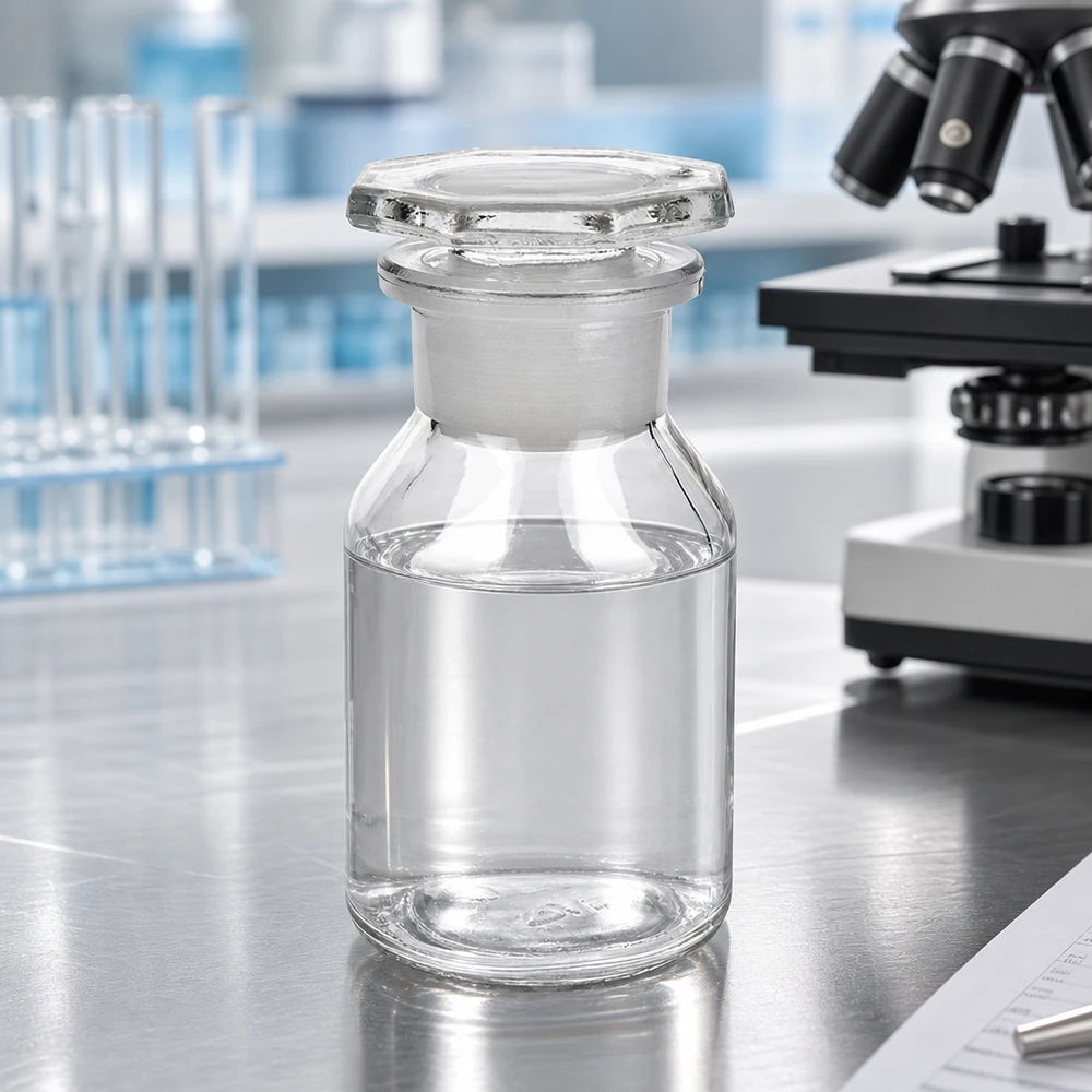 Steep neck-flaske 50 ml klar glasprop med bred hals Flaske med skrå bryst, 50 ml, klar, bred hals, med indslibet glasprop, på laboratoriebordet ved siden af mikroskopet
