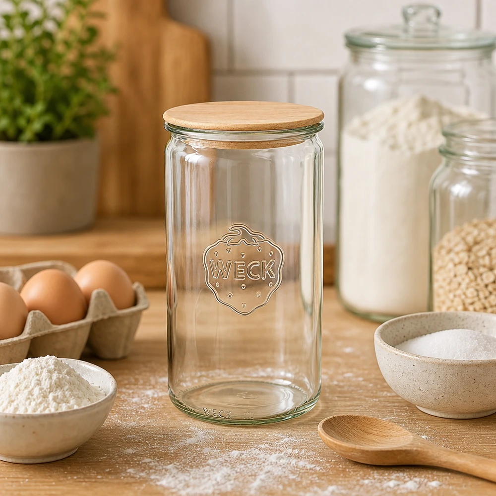 1590 ml cylinderglas WECK RR100 med trælåg WECK krukke 1590ml RR100 tom i bagekøkkenet med mel, æg og bageingredienser til brødbagning og dejforberedelse