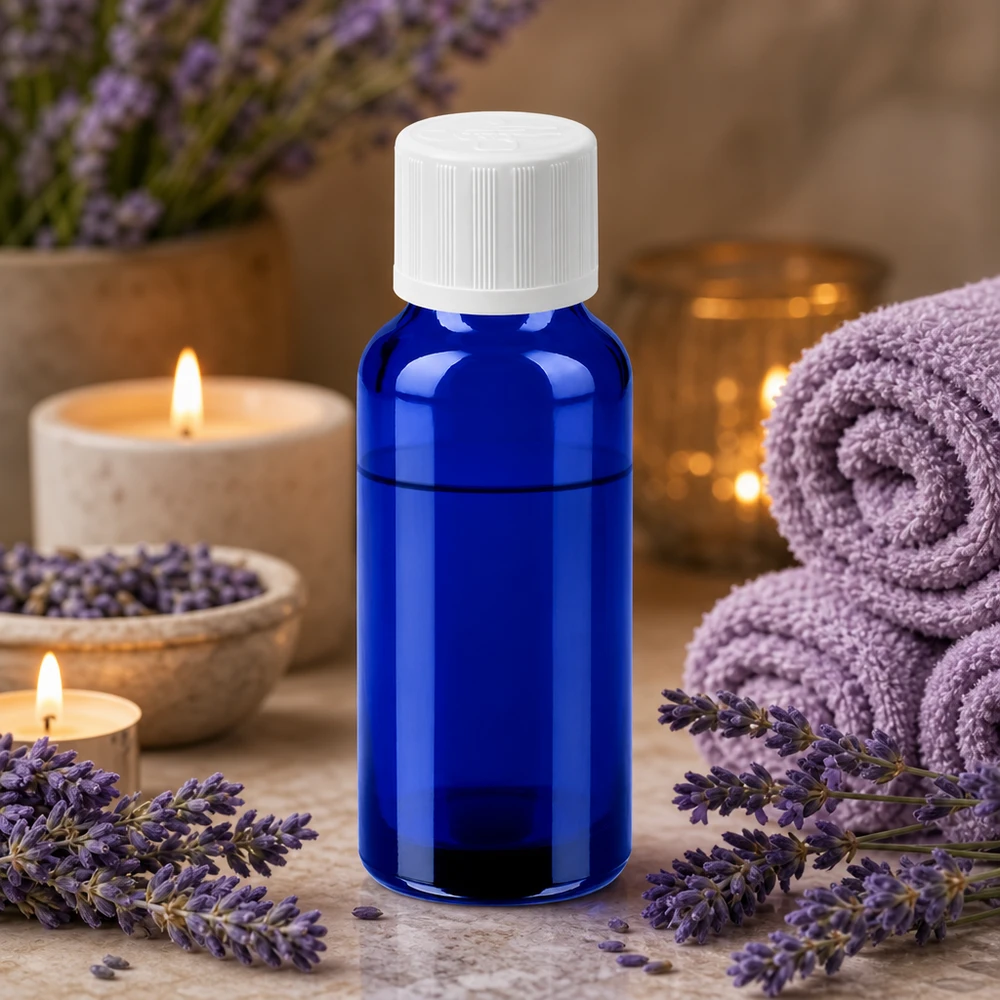 20 ml flaske 11 mm SV m. STD KiSi BlueLine UT18/20 Lille 20 ml flaske i elegant koboltblå med hvid hætte til aromaterapi og wellness