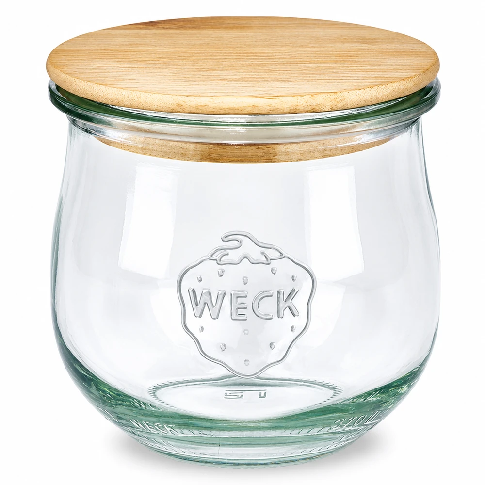 370 ml tulipankrukke WECK RR80 med trælåg WECK tulipankrukke 370 ml RR80 med trælåg Henkogningskrukke med glaslåg lavet af naturligt træ