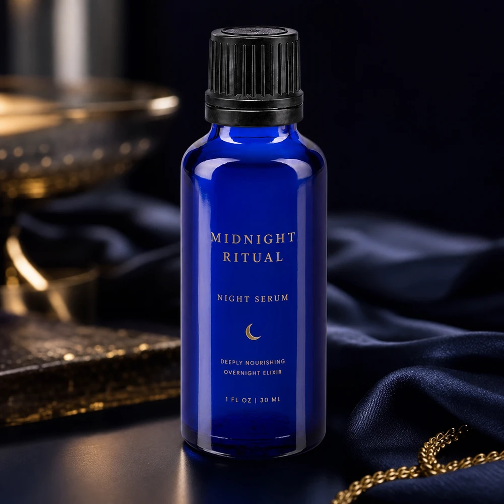Apoteksflaske blå 30ml skruelåg sort hældeprop r. OV Midnight Ritual Night Serum i en koboltblå 30 ml apotekerflaske med ribbet sort låg
