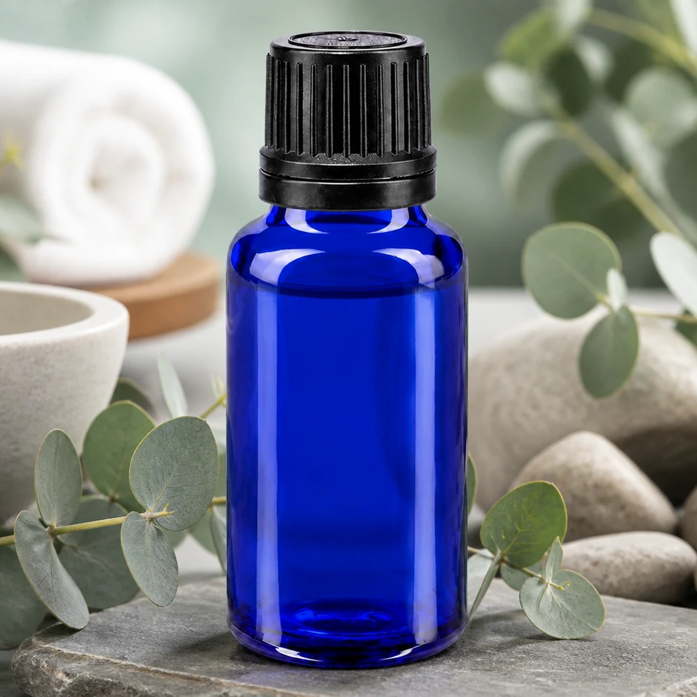 Apoteksflaske blå 20 ml skruelåg sort hældeprop r. OV Koboltblå 20 ml apotekerflaske med sort skruelåg på natursten med eukalyptus
