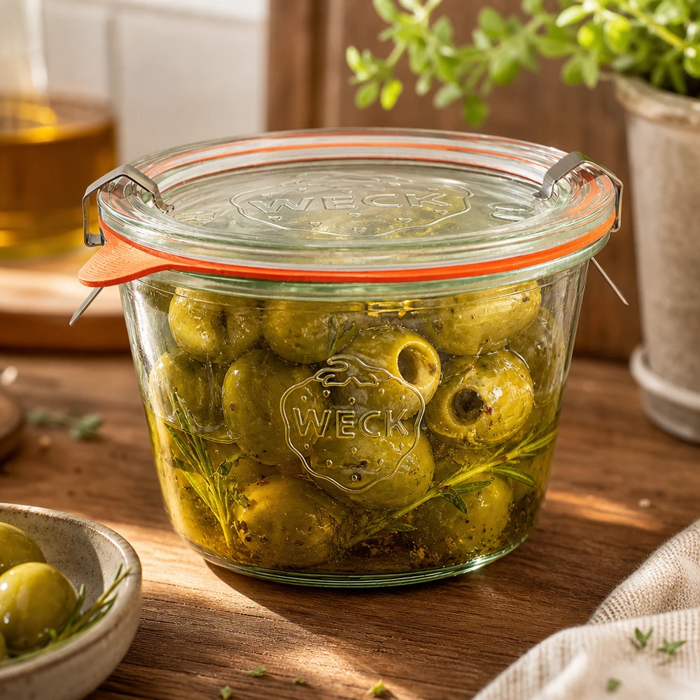 370 ml Briller komplet WECK RR100 WECK RR100 krukke 370 ml fyldt med syltede oliven i olie viser perfekt konservering af antipasti