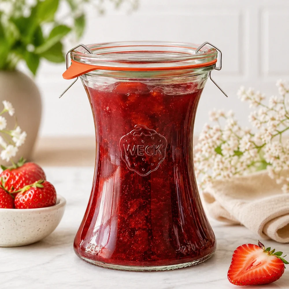 370 ml delikatesseglas, komplet WECK RR80 WECK delikatesseglas 370 ml RR80 fyldt med hjemmelavet jordbærmarmelade Murerbalje med svinglåg Lifestyle