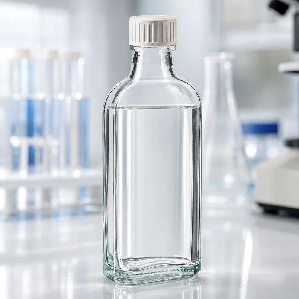 100 ml Meplat klart skruelåg med PE-skumindsats Lille laboratorieflaske, 100 ml, Meplat, gennemsigtig, med PE-skumindlæg til brug i laboratoriemiljøet