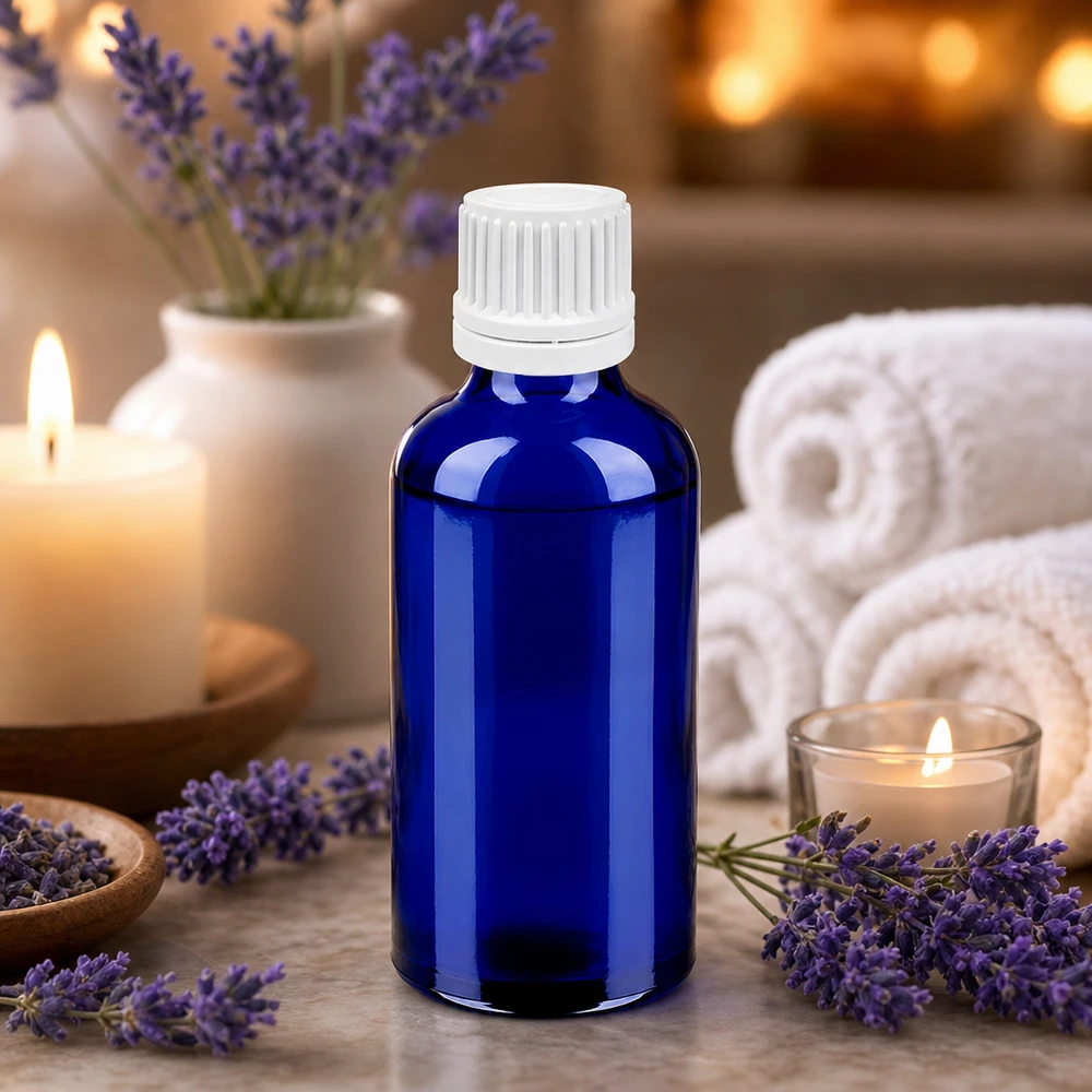 Blå 50 ml glasflaske med hvidt skruelåg til æteriske olier og aromaterapi BlueLine UT18/50
