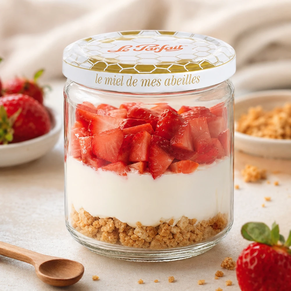 Le Parfait® honningglas 212 ml Ø63 mm Le Parfait 212 ml honningkrukke brugt som dessertskål med lag af jordbær, yoghurt og kiksebund