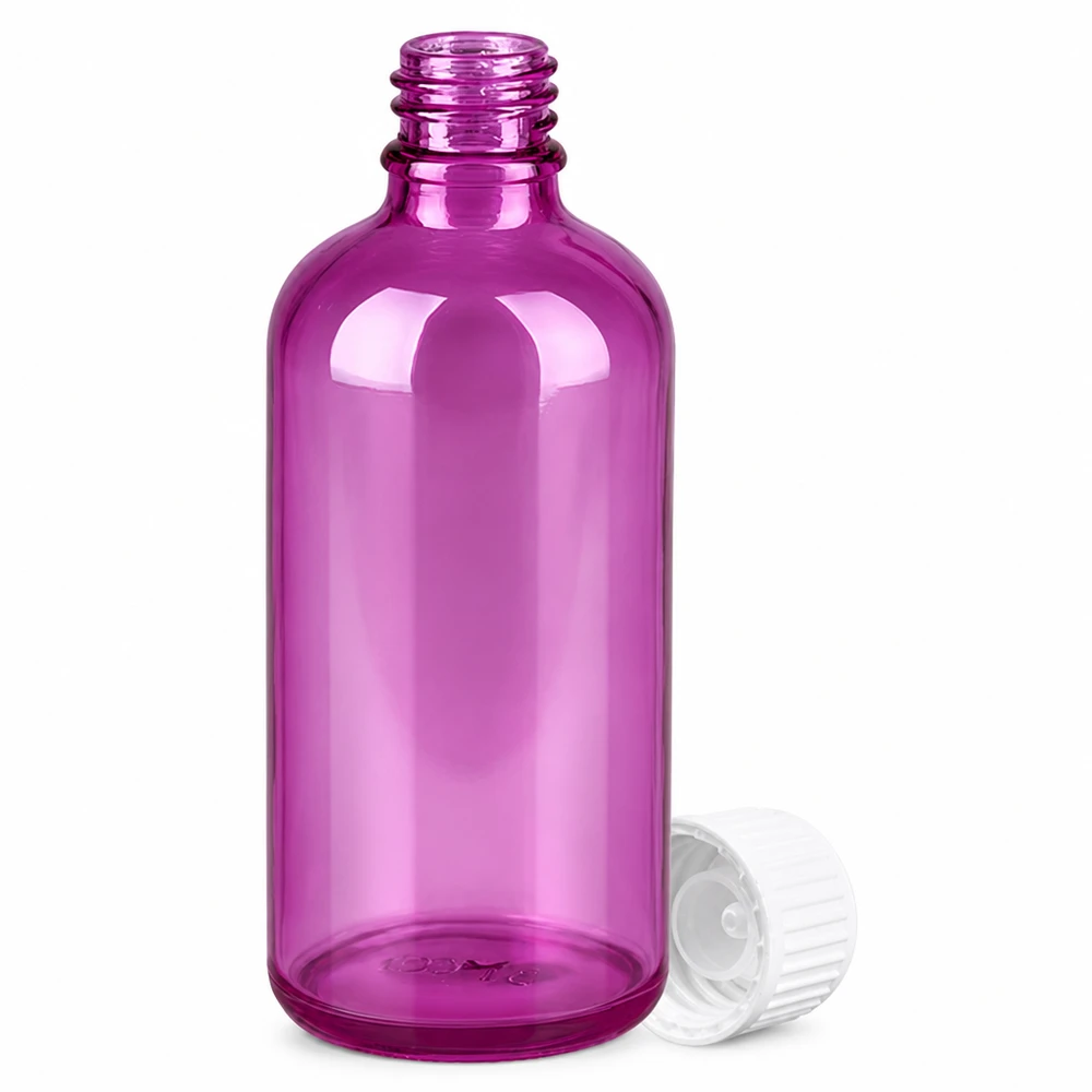 100 ml (globule) flaske 3 mm hældering hvid Standard PurpleLine. UT18/100 Violet 100 ml glasflaske med UT18-gevind og gennemsigtig hætte til æteriske olier