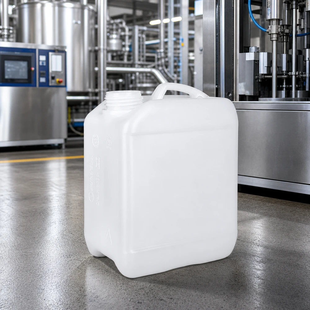 Industri-kanister på 2,5 liter uden låg i et moderne påfyldningsanlæg på betongulv