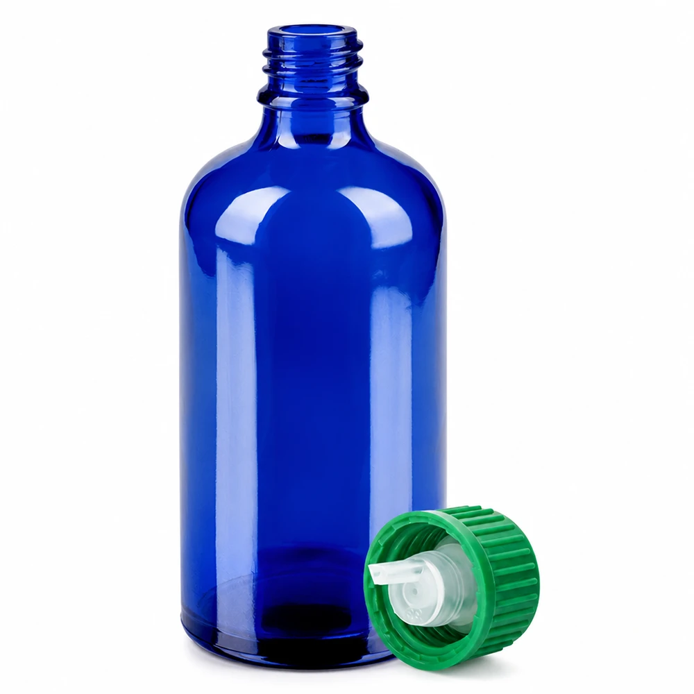 100 ml blå glasflaske med grønt skruelåg og dråbetæller til aromaterapi og kosmetik