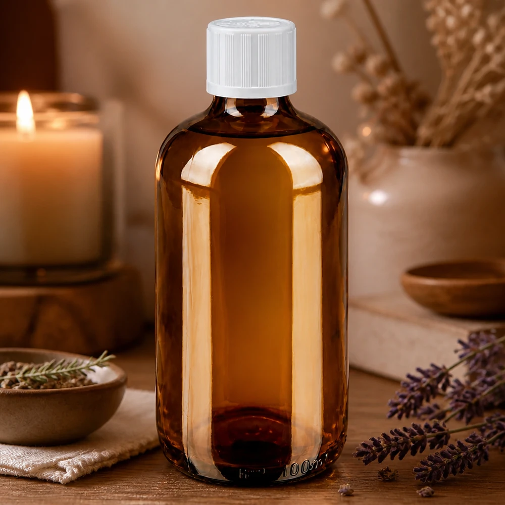 Ravfarvet 100 ml apotekerflaske med hvidt KiSi-låg i en naturlig wellness-atmosfære