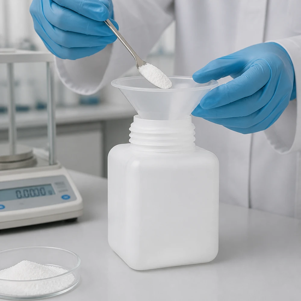 Laborant fylder hvidt pulver med en spatel og en tragt i en 500 ml PE-HD-flaske med bred hals i naturfarve