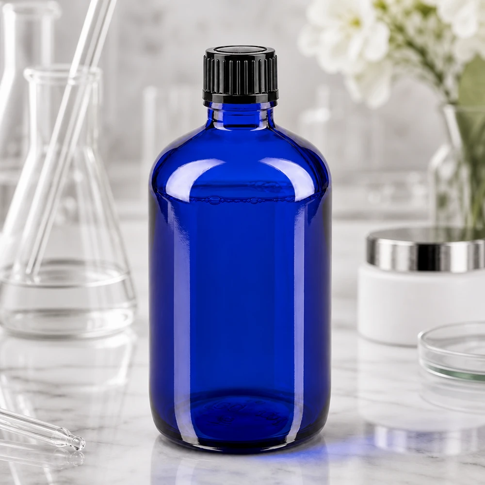 Koboltblå 100 ml glasflaske med sort skruelåg i laboratoriemiljø