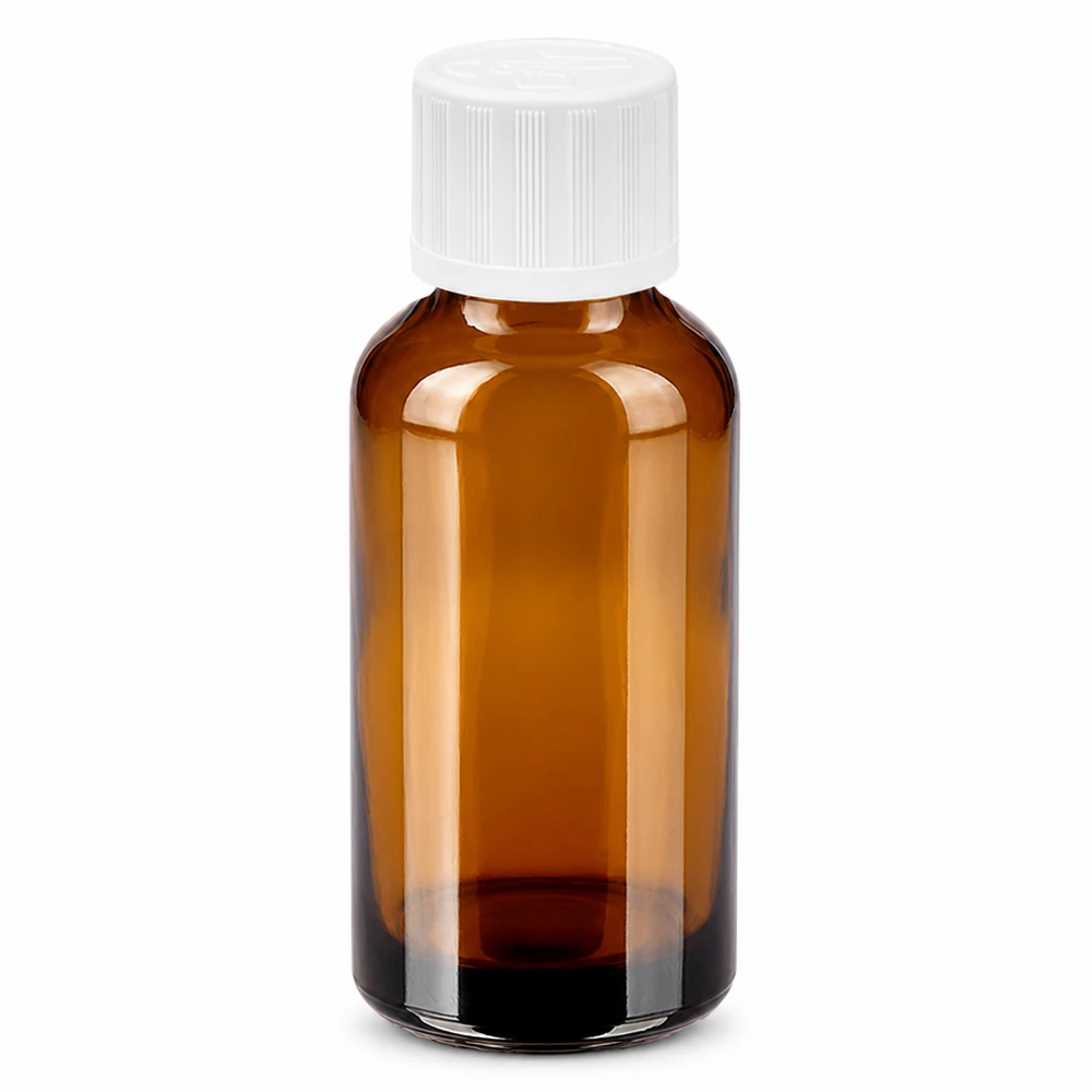 30 ml flaske 11 mm SV m. STD KiSi BrownLine UT18/30 30 ml ravfarvet glasflaske med hvidt skruelåg og børnesikring til apoteket