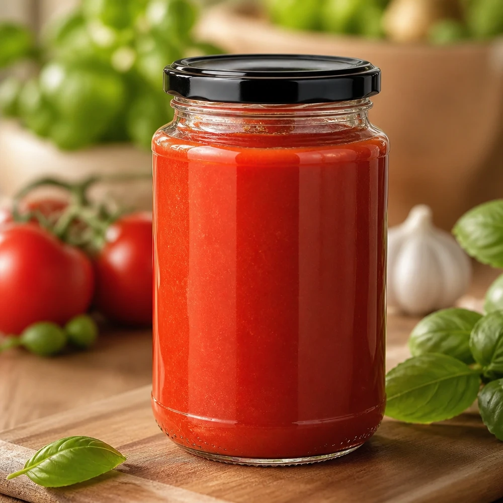 320 ml UNiTWIST-rundglas med BasicSeal i sort, fyldt med rød tomatsauce på træbræt