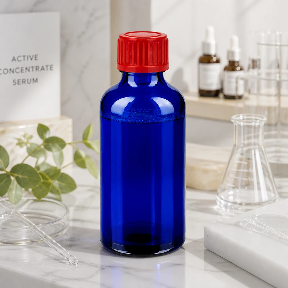 50 ml flaske 11 mm SV rød STD BlueLine UT18/50 Kompakt 50 ml apotekerflaske af koboltblåt glas med standardiseret 11 mm skruelåg
