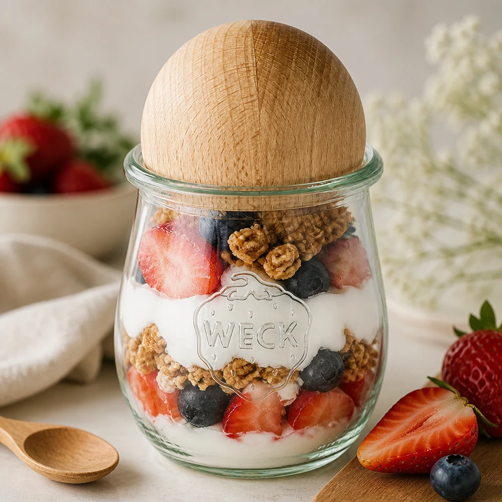 220 ml tulipankrukke WECK RR60 med trækugle bøg WECK tulipankrukke RR60 220ml som yoghurtparfait med bær og nødder, kugleprop i bøgetræ til desserter