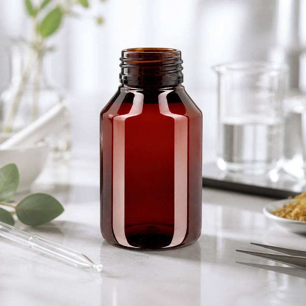 PET-flaske 50 ml med sort sprayhætte OV Stabile PET Flasche 50ml in Bernsteinfarbe mit Manipulationssicherem Spritzverschluss OV