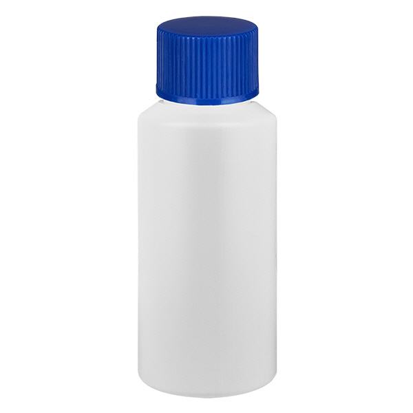 Apoteksflaske HDPE 30ml hvid, med blå SV Apoteksflaske HDPE 30ml hvid, med blå SV