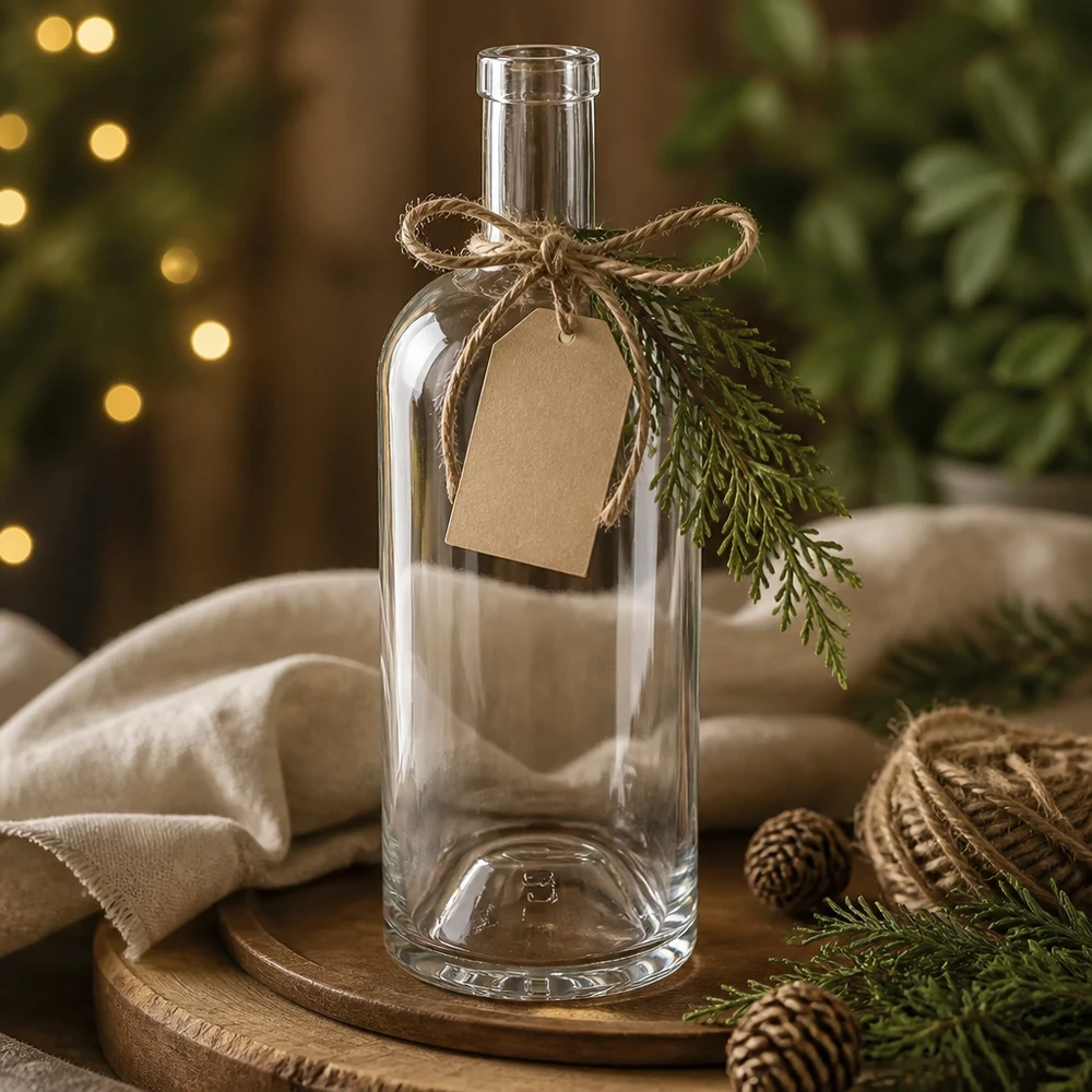 750 ml glasflaske »Emma« uden låg UNiTWIST® 750 ml Emma-glasflaske dekoreret til jul med et mærke af kraftpapir, jutesløjfe og grangren på en træplade